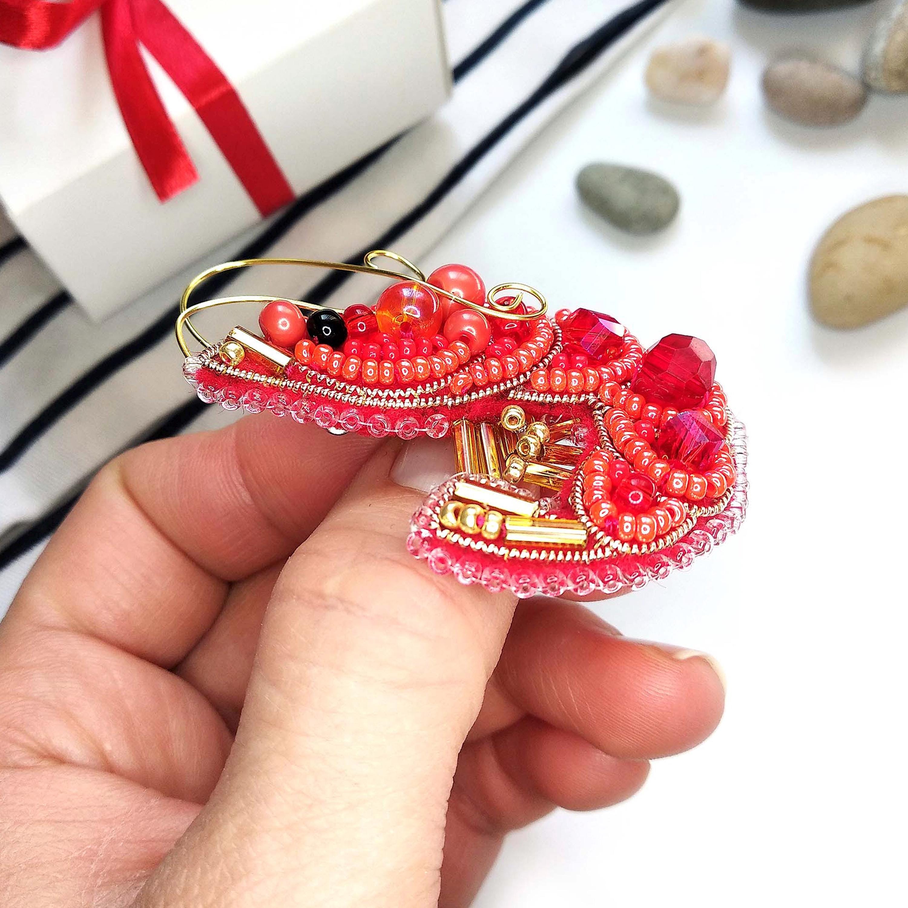 ビーズ刺繍キット エビブローチ、エビ刺繍、ビーズ海エビ、DIY