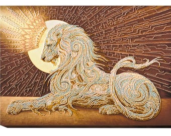 Bead Embroidery Kit Golden Lion, Cat Embroidery, DIY Beaded Lion