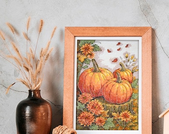 Cross Stitch Kit Autumn Garden Palette, Pumpkins Embroidery, Bloom Autumn Flowers, Golden Leaves, DIY Autumn Decor