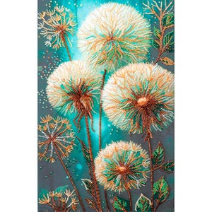 May include: An artwork depicting dandelion seed heads with white, gold, and teal details. The dandelions are set against a teal and grey background, with beaded details and green leaves. The artwork has a textured appearance.