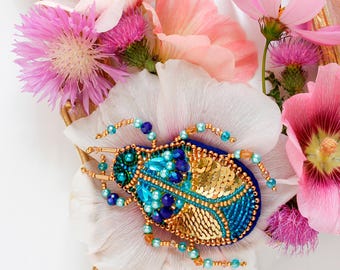 ビーズ刺繍キット カブトムシのブローチ、ビーズで作られた金色の虫、昆虫の刺繍、ブローチ作りキット