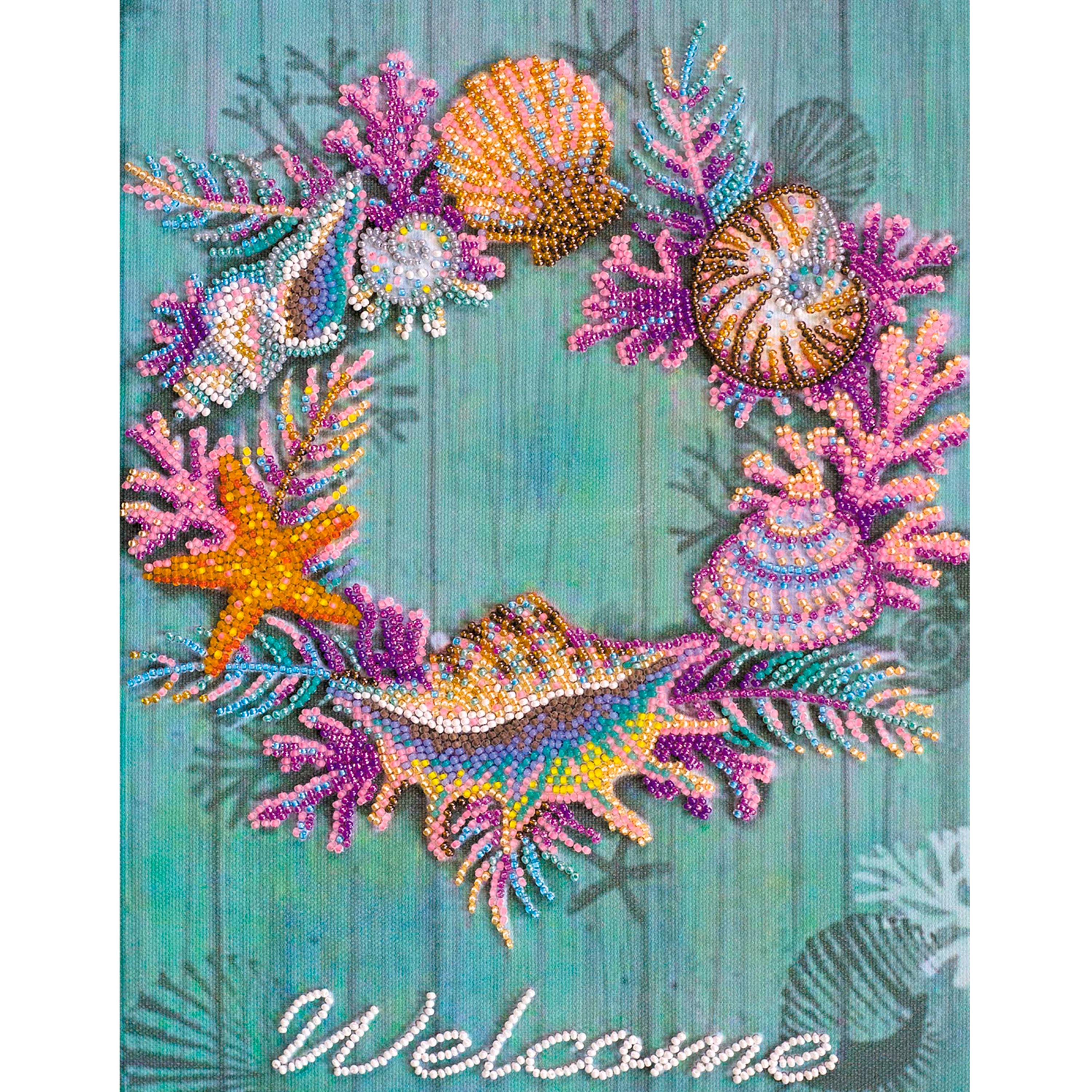 Bead Embroidery Kit Wreath of Seashells, DIY Oceanic Wreath, Beaded Coral Wreath, Starfish Embroidery