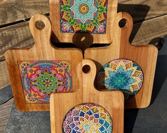 Handmade Mini Cutting Board Mandala Diamond Art Finished ~ Set Of 2