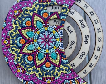 Finished Diamond Art Perpetual Calendar - Handmade Mandala Design - Ready to Display