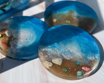 Handmade Ocean Resin Coaster Set: Seashells, Sand & Sea Charms