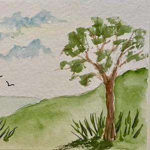 Acquerello originale ACEO Art Card, scena estiva, albero di campagna SFA, uccelli che volano, miniatura acquerello OOAK art, di H Clements