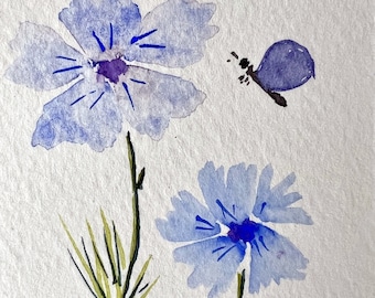 Original Watercolor ACEO Art Card, Blue Flowers, Butterfly Miniature