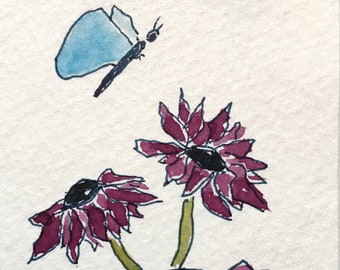 Original Watercolor Art Card, Purple Coneflowers, Butterfly (ACEO)