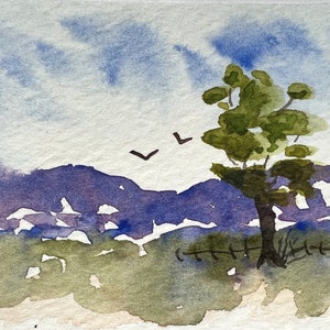 Originele aquarel ACEO-kunstkaart, zomerland, vredig berglandschap, rustige dag, natuur, aquarellandschap, OOAK-kunst, door H Clements