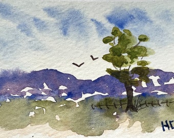Original Watercolor Landscape ACEO Art Card, Summer Country Scene