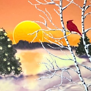 Art Print ACEO schilderij, winter, Blue Jays, maan, sneeuwlandschap, groenblijvend, natuur voor poppenhuis, originele grafische ontwerpkunstkaart door H Clements
