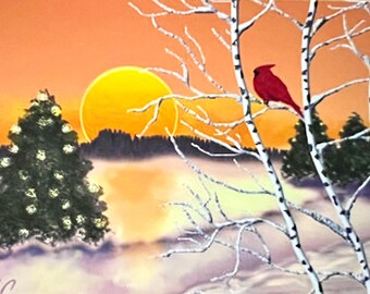 Winter Cardinal Art Print ACEO, Moonlit Snow Scene
