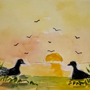 Cartolina artistica ACEO originale con acquerello, anatre all'alba, santuario degli uccelli, cielo luminoso, miniatura della natura, fauna selvatica, cartolina artistica OOAK di H Clements