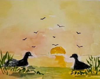 Original Watercolor Ducks ACEO Art Card, Sunrise Painting