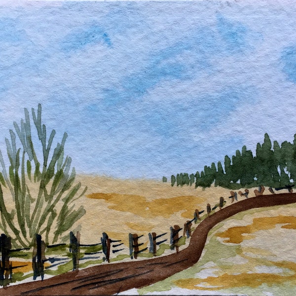 Original Watercolor ACEO Art Card, Country Road, Pastures, Peaceful Landscape, Nature, OOAK Painting by H Clements