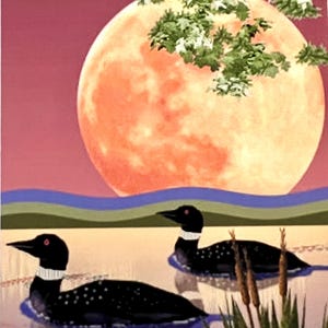 Art Print ACEO schilderij, duikers, vijver, zomerboom, maanlicht, volle maan, lisdodde, vogels, originele grafische ontwerp kunstkaart door H Clements