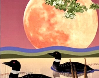 Loons Art Print ACEO, Moonlight Pond Graphic Design