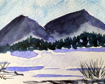 Original Watercolor ACEO Art Card, Purple Winter Mountain Landscape
