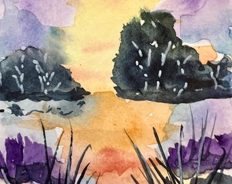 Original Watercolor Landscape ACEO Art Card, Miniature Painting