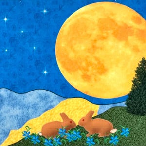 Kunstdruck ACEO Malerei, Mondaufgang Sommer, Kaninchen, Natur Landschaft, Miniatur Original Grafikdesign Kunst Karte von H Clements