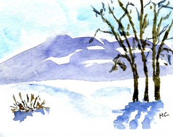 Original Watercolor ACEO Art Card, Purple Winter Mountain Landscape