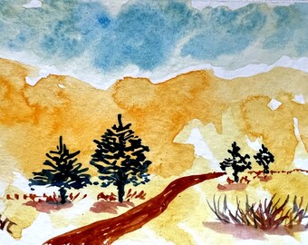 Original Watercolor Landscape ACEO Art Card, Summer Country Road