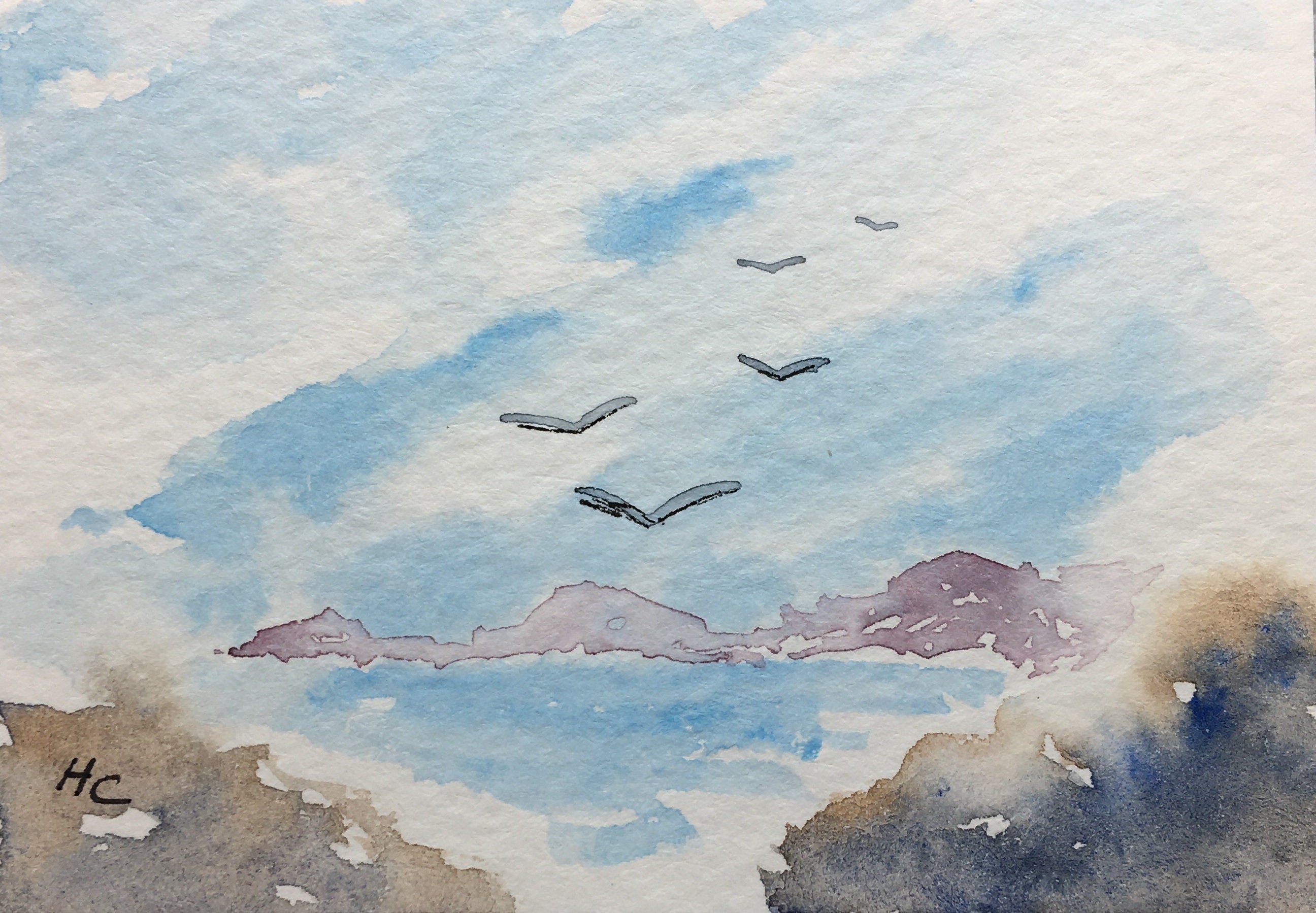 Autumn Watercolor Miniature Watercolor OOAK art by H Clements Original Watercolor ACEO Art Card Ocean Moonrise Waves at Sea