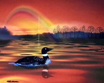 Loon Seascape Art Print, Original ACEO Miniature Art Card