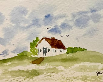Original Watercolor ACEO Art Card, Summer Cottage Landscape