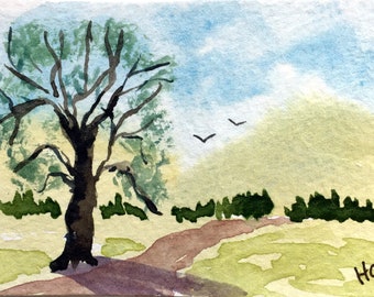Original Watercolor ACEO Art Card, Farm Landscape, Miniature Painting