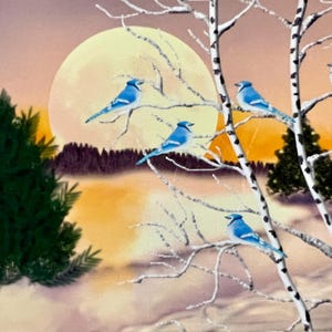 Art Print ACEO schilderij, winter, Blue Jays, maan, sneeuwlandschap, groenblijvend, natuurlandschap, originele grafisch ontwerp kunstkaart door H Clements