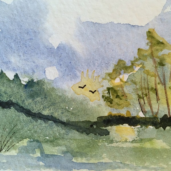 Original Watercolor ACEO Art Card, Nature Landscape, Wilderness Painting, Bird Sanctuary, Morning Sky, Bird Flying, OOAK Watercolor Painting