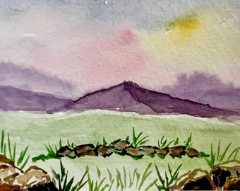 Original Watercolor Landscape ACEO Art Card, Summer Farm Scene