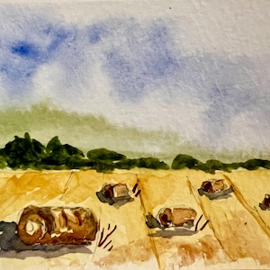 Original Aquarell ACEO Kunst Karte, Sommer Bauernhof Szene, Heuballen, ruhiger Tag, Aquarell Landschaft, Unikat Kunst, von H Clements