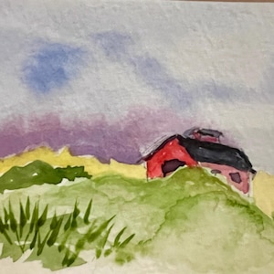 Original Aquarell ACEO Kunst Karte Sommer Bauernhof Szene, Rote Scheune, Quiet Day, Aquarell Landschaft, Unikat Kunst, von H Clements