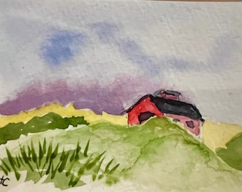 Original Watercolor ACEO Art Card, Summer Farm, Red Barn Landscape