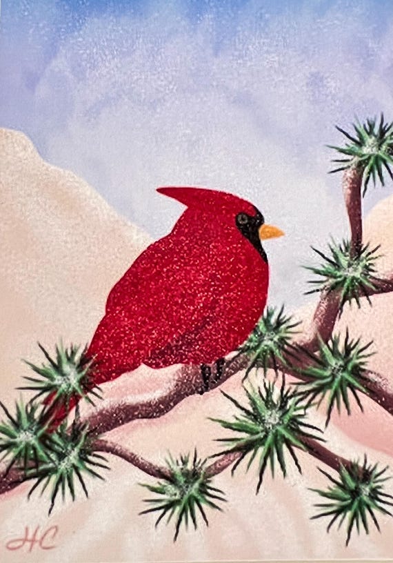 Red Cardinal Art Print, Winter Bird ACEO, Miniature Painting