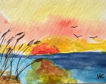 Original Watercolor Seascape ACEO Art Card, Summer Sunrise