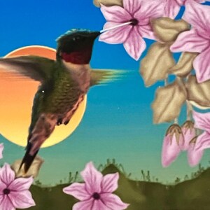 Hummingbird & Clematis Art Card, Original ACEO Graphic Painting