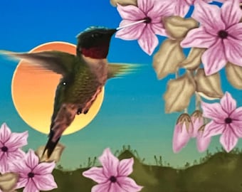 Hummingbird & Clematis Art Card, Original ACEO Graphic Painting