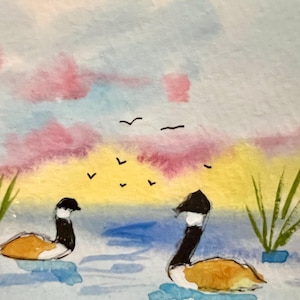 Cartão de arte original em aquarela ACEO, cena da natureza de verão, gansos, dia tranquilo, paisagem marinha em aquarela, arte OOAK, por H Clements