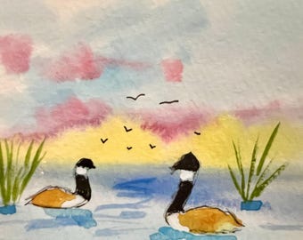 Original Watercolor Geese ACEO Art Card, Summer Seascape