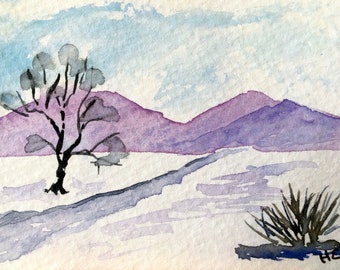 Original Watercolor Painting, Purple Mountains Winter Scene ACEO Art Card
