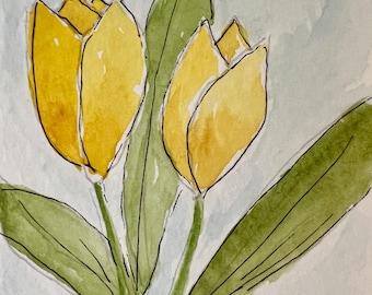 Original Watercolor Tulips ACEO Art Card, Miniature Floral Painting