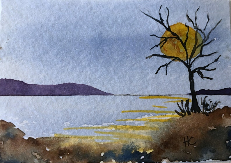 Autumn Watercolor Miniature Watercolor OOAK art by H Clements Original Watercolor ACEO Art Card Ocean Moonrise Waves at Sea