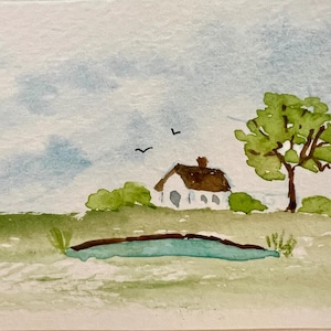 Acquerello originale ACEO Art Card, scena estiva, cottage, stagno, uccelli che volano, miniatura SFA acquerello OOAK art, di H Clements