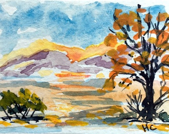 Original Watercolor ACEO Art Card, Autumn Landscape Miniature Painting