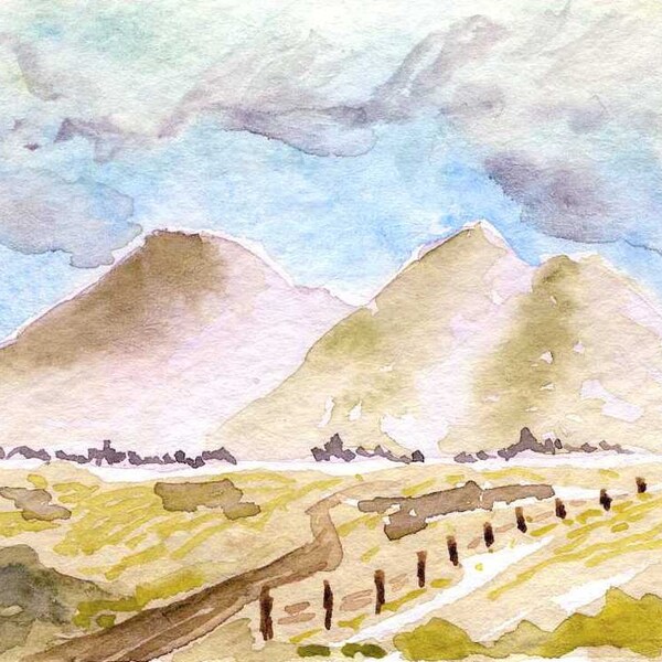 Original Watercolor ACEO Art Card, Landscape, Mountains, Fields, Clouds, Sky, Miniature, Gift