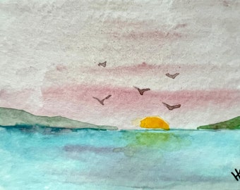 Original Sunrise Seascape Watercolor ACEO Art Card
