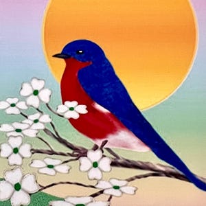 Stampa artistica ACEO Painting, Estate, Uccello azzurro, Corniolo, Scena di campagna, Soleggiato, Regalo, Cartolina d'arte con grafica originale di H Clements